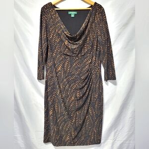 Lauren Ralph Lauren tribal brown, ruched, pleated, Timeless Classic midi Dress
